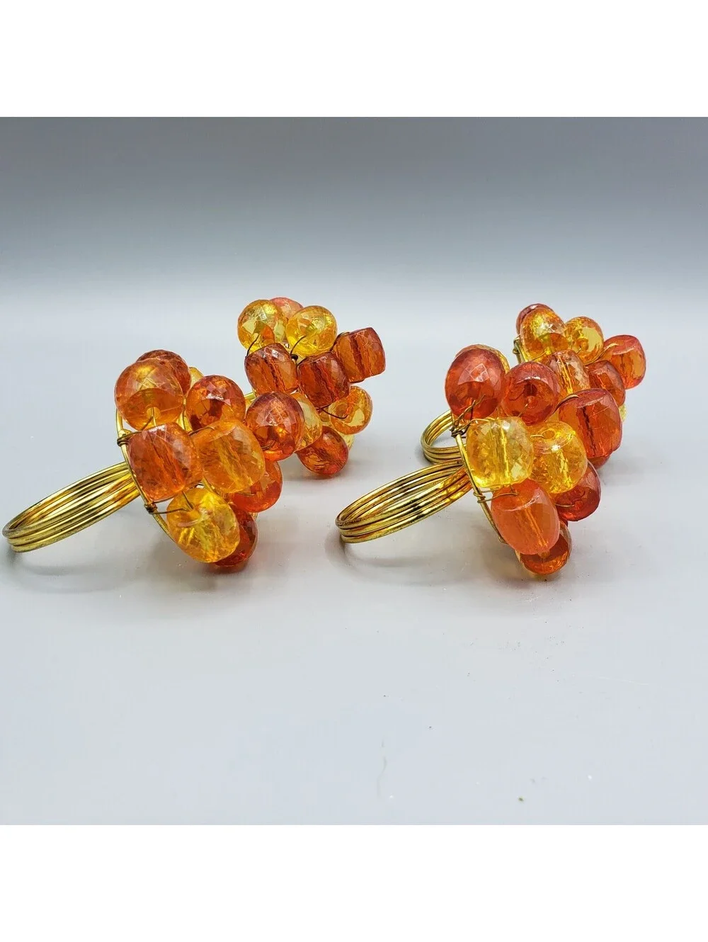 4 Orange Yellow Beaded Napkin Rings Faceted Gold Metal Wire Wrapped Spring